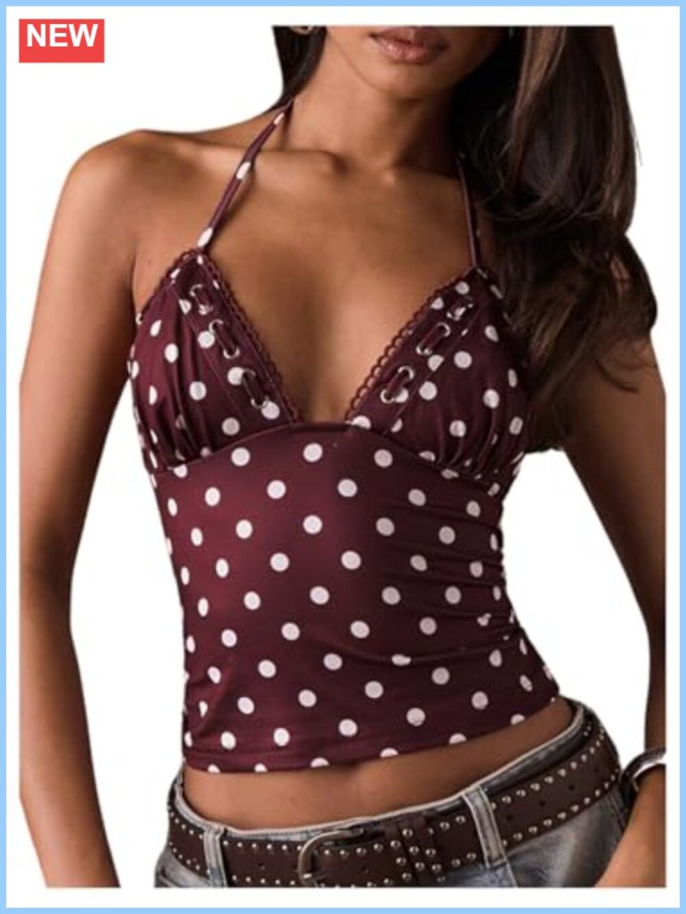 Polka Dots Halter Crop Top V Neck Tie Back Sleeveless